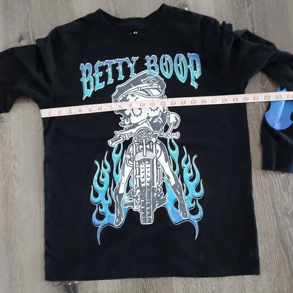 Unisex Betty Boop Blue Flame Motorcycle Long Sleeved Shirt Size Medium
